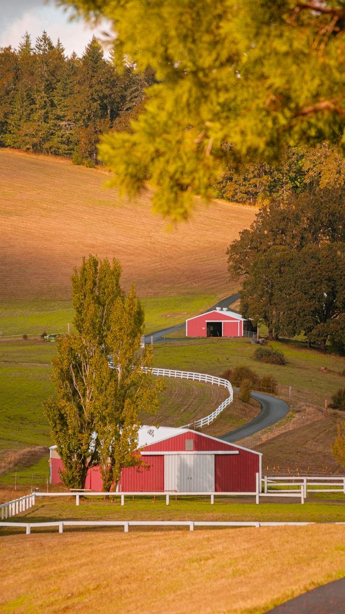 a farm with a red barn and a white fence